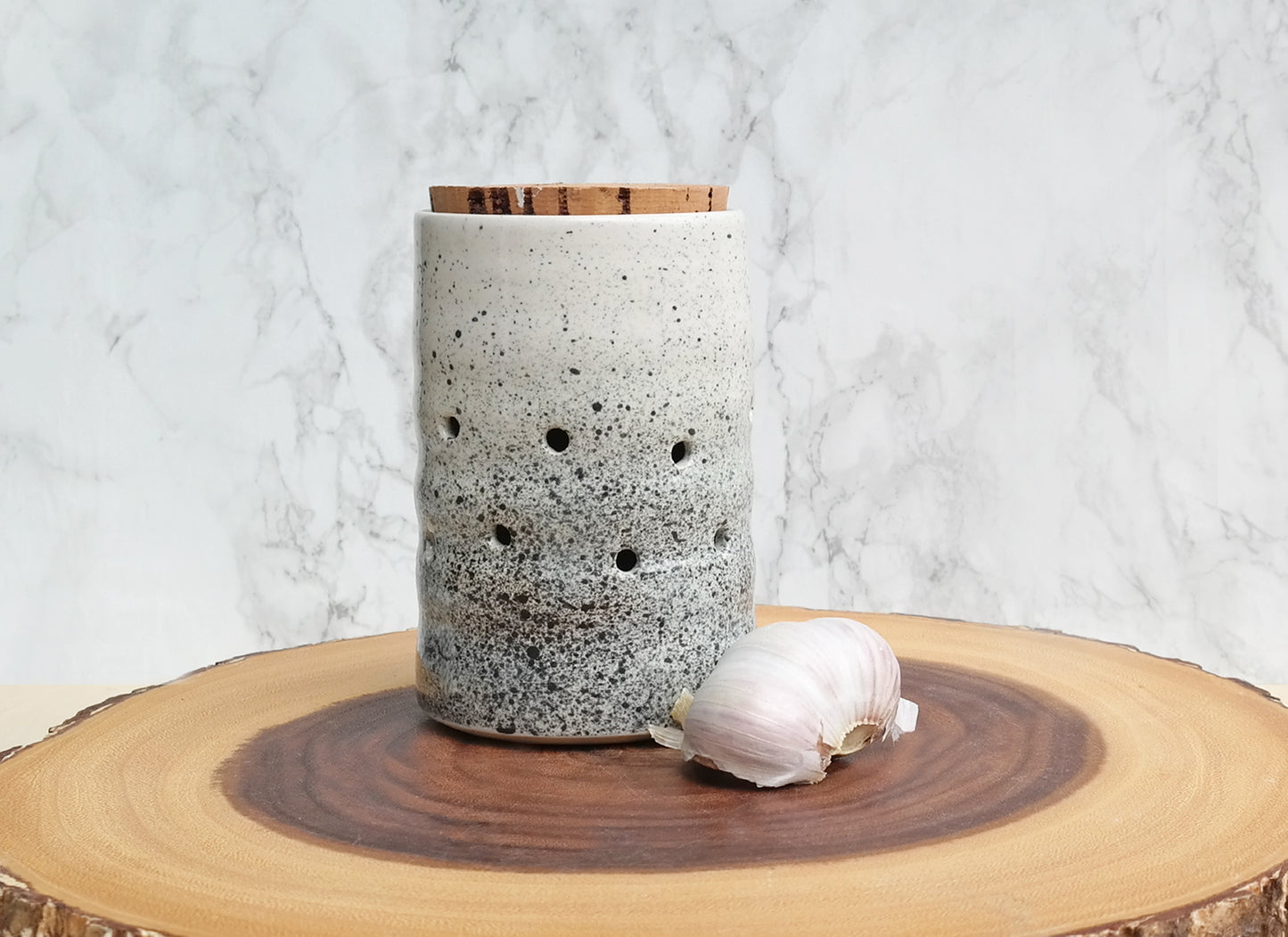 Speckled White and Black Ceramic + Cork Garlic Keeper