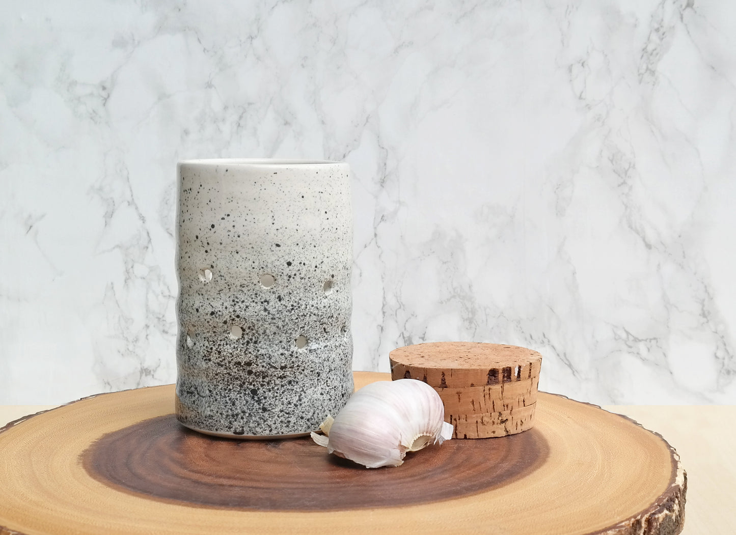 Speckled White and Black Ceramic + Cork Garlic Keeper