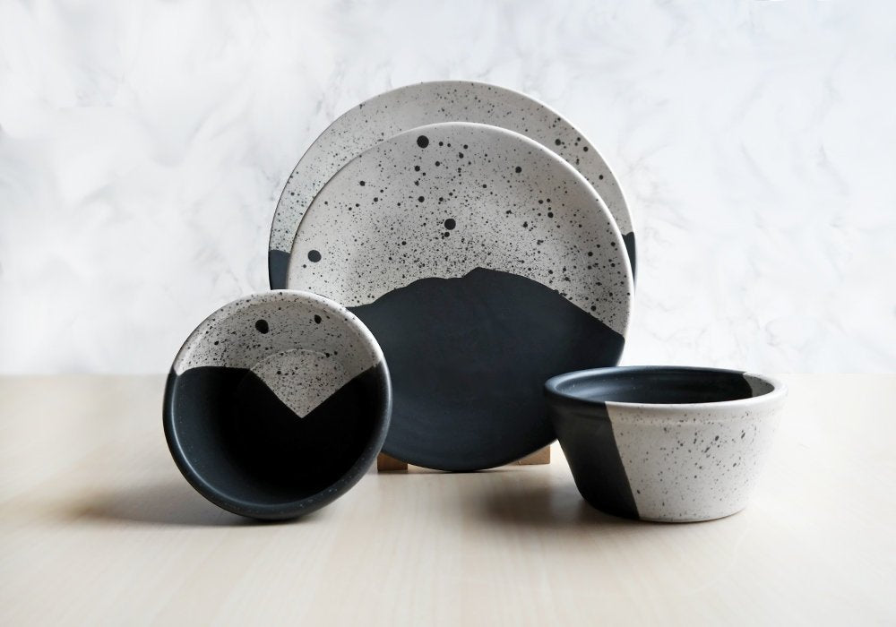 Handmade High Peaks Dinnerware Set - Black + White - Stuck in the Mud Pottery