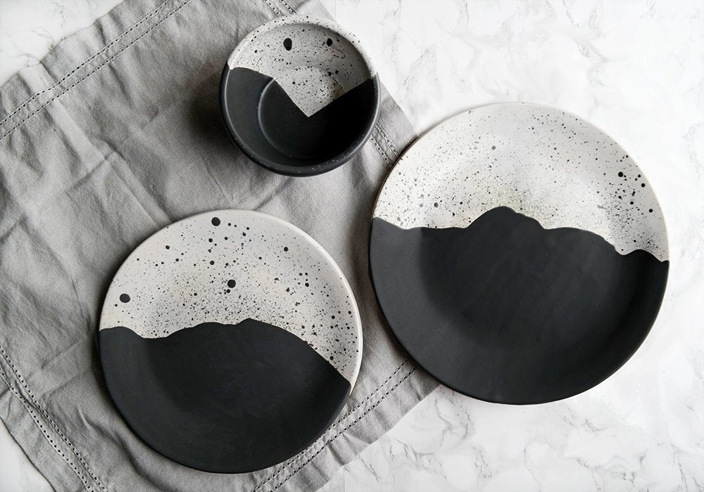 Handmade High Peaks Dinnerware Set - Black + White - Stuck in the Mud Pottery