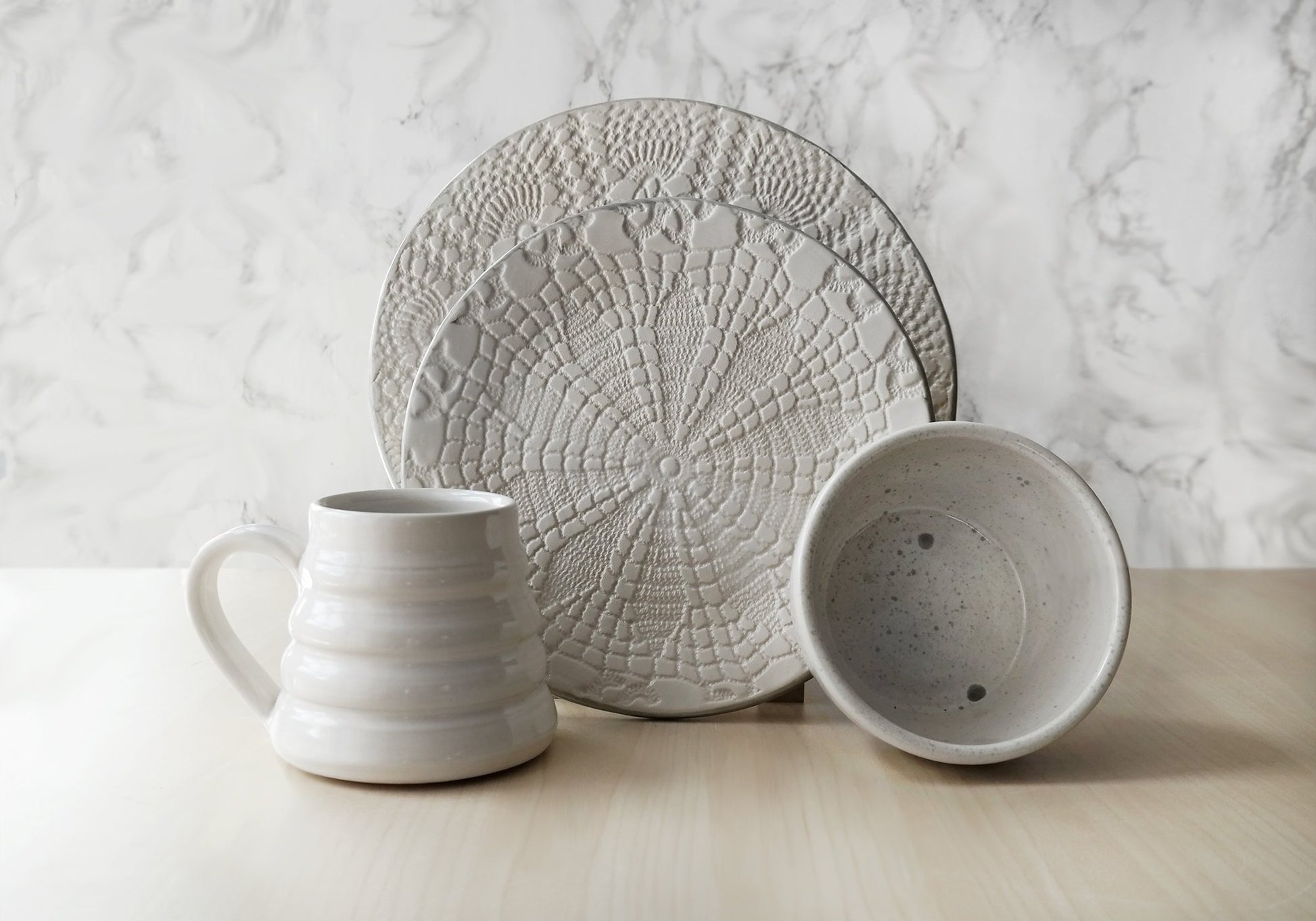 Handmade Lace Dinnerware Set - White + Gray - Stuck in the Mud Pottery