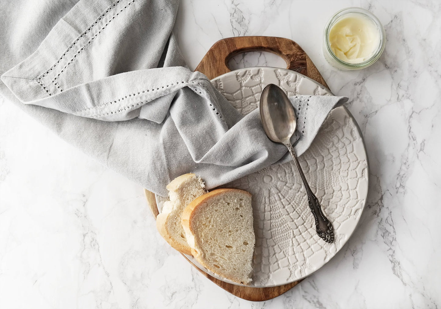 Handmade Lace Dinnerware Set - White + Gray - Stuck in the Mud Pottery