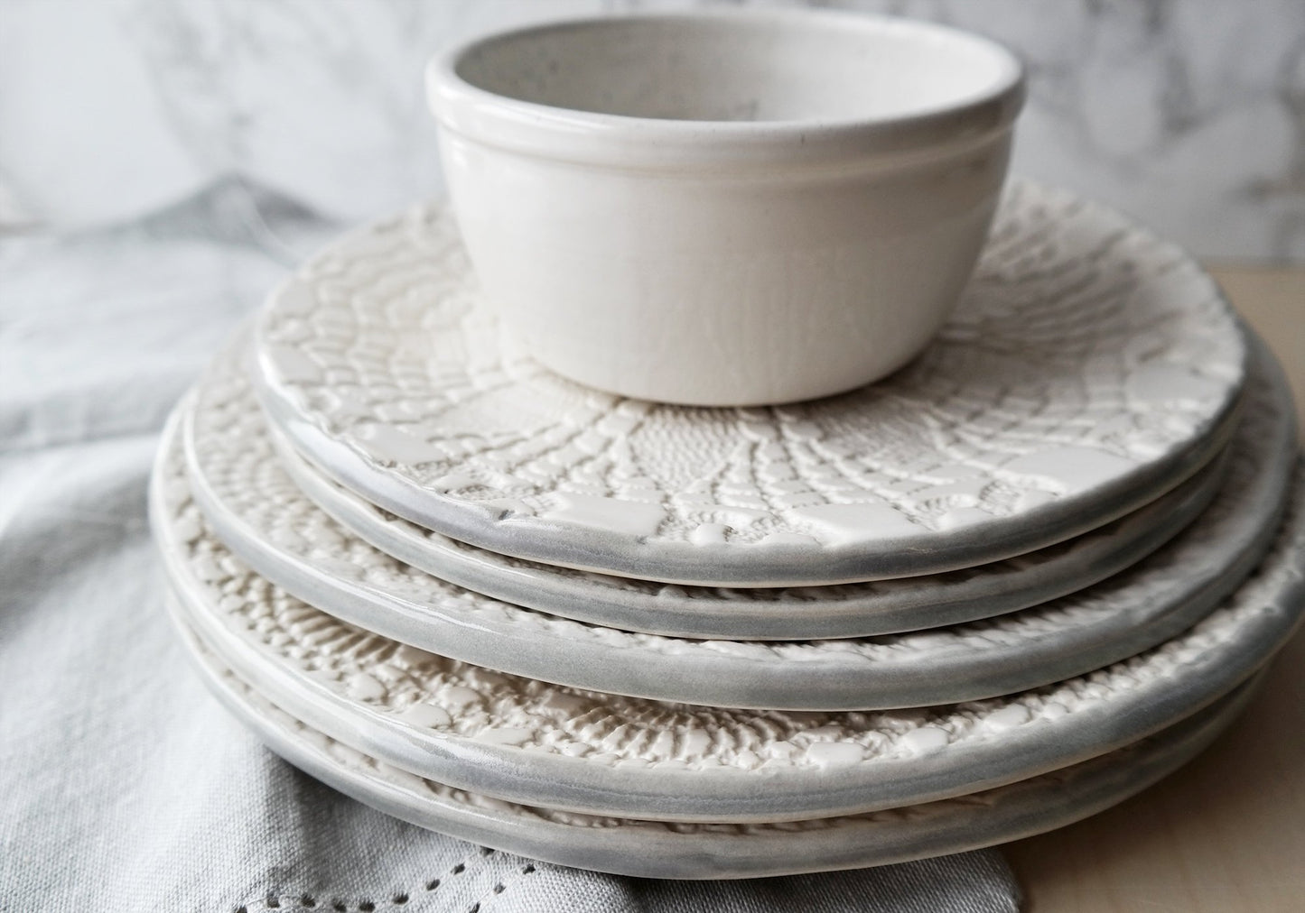 Handmade Lace Dinnerware Set - White + Gray - Stuck in the Mud Pottery