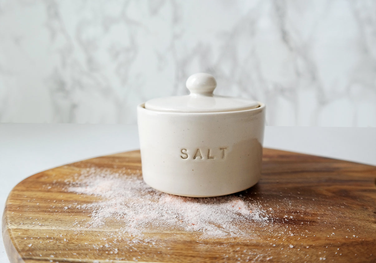 White Ceramic Salt Cellar with Lid Stuck in the Mud Pottery
